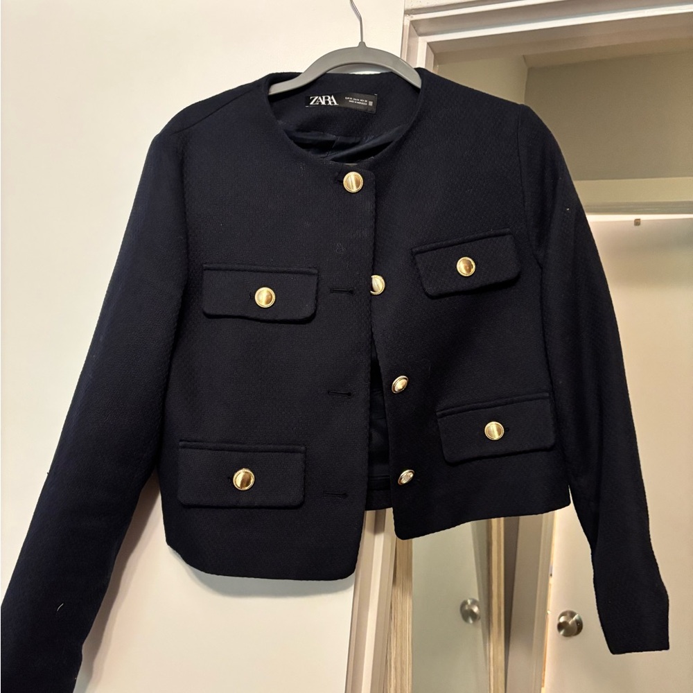 Zara Navy and Gold Cropped Blazer